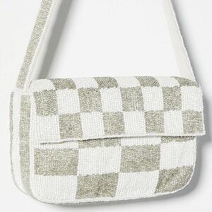 Anthropologie Silver + Cream Beaded Checked Fiona Bag